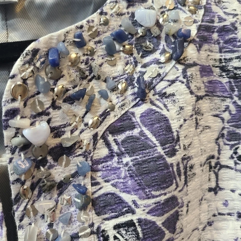 Chicos Jacket 0 Small Purple Gray Blazer Gem Embellished Snake Print Lined Women
